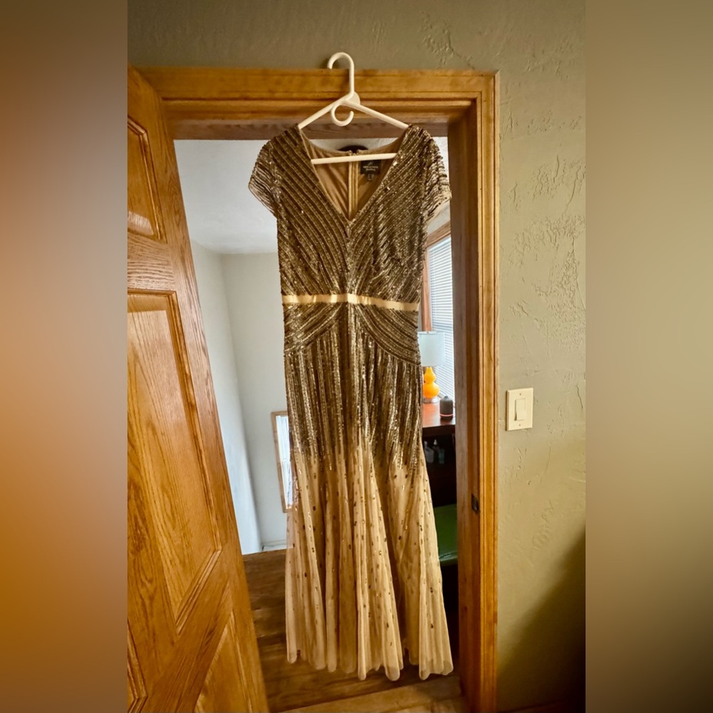Adrianna Papell Gold Sequin Maxi Dress